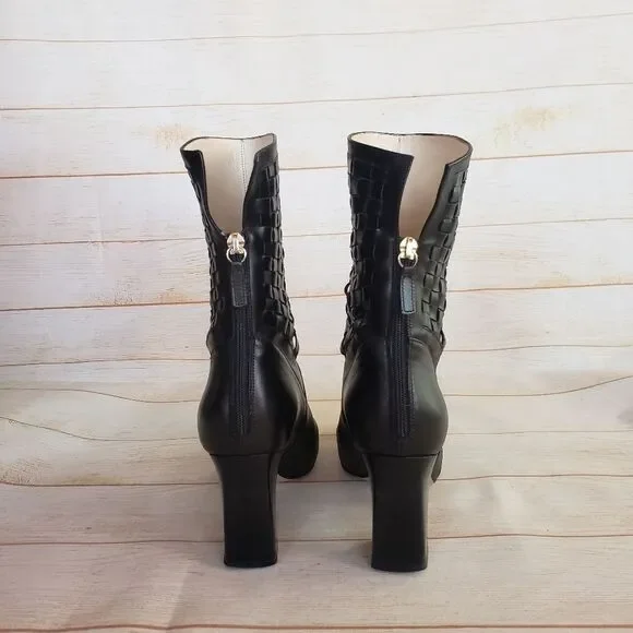 Bellofatto Leather Woven Detail Almond Toe Heeled Boots Booties Black Size 38